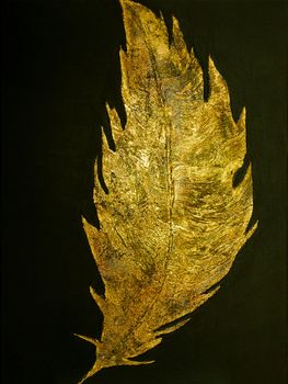 Metal Golden feather on black background. Gold glitter texture. Abstract painting. Art object