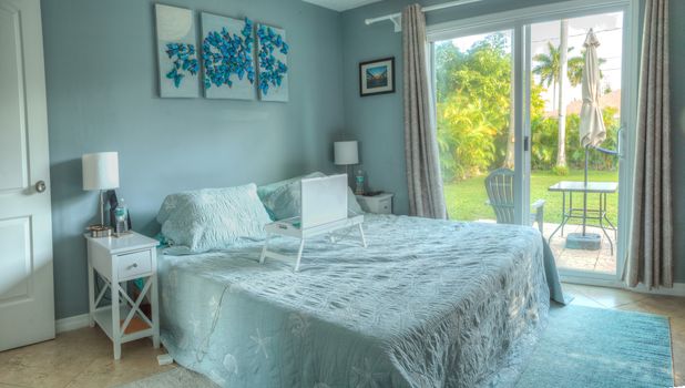 Garden view from a tranquil bedroom done in tropical blues with a Florida architectural design style.