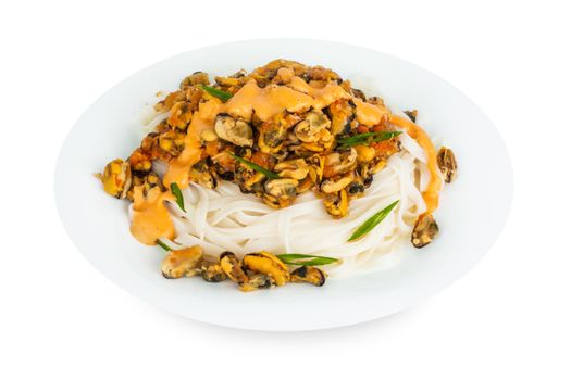 Thai dish Rice noodles with mussels on white plate isolated on white background