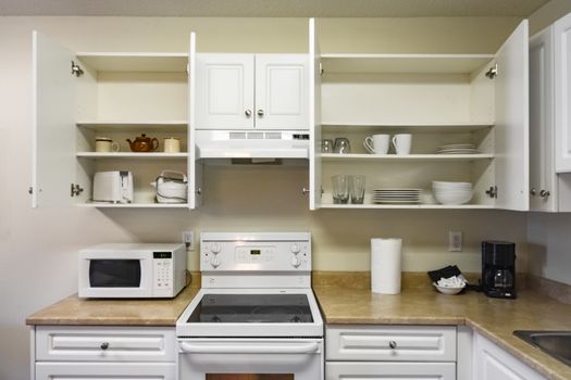Open cabinets and primary appliances on average home kitchen