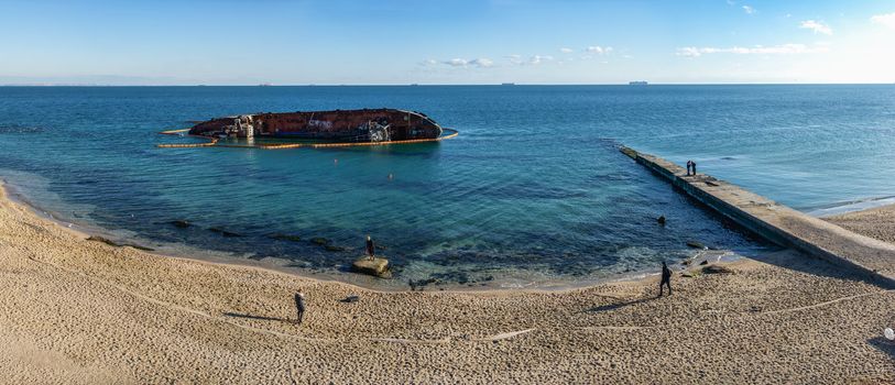 Odessa, Ukraine 12.04.2019. The wreck of a small tanker `DELFI` off the coast of Odessa on a sunny winter day