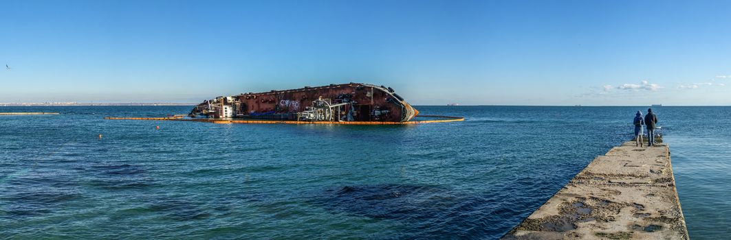 Odessa, Ukraine 12.04.2019. The wreck of a small tanker `DELFI` off the coast of Odessa on a sunny winter day