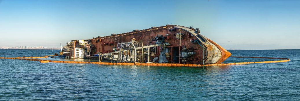 Odessa, Ukraine 12.04.2019. The wreck of a small tanker `DELFI` off the coast of Odessa on a sunny winter day