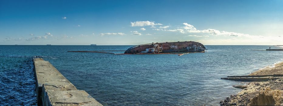 Odessa, Ukraine 12.04.2019. Panoramic sea view with grounded tanker off the coast of Odessa, on a sunny winter day