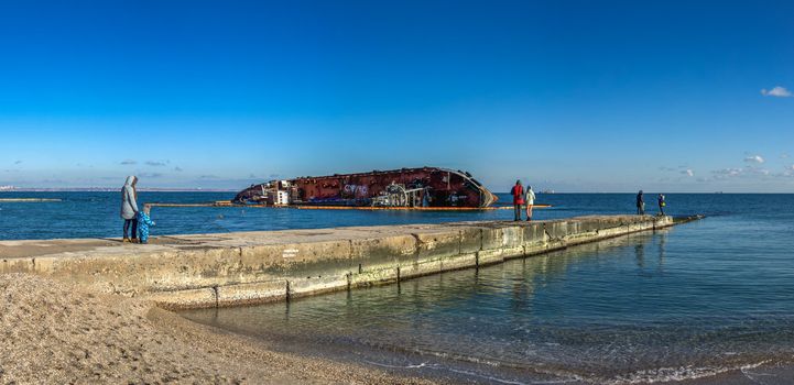 Odessa, Ukraine 12.04.2019. The wreck of a small tanker `DELFI` off the coast of Odessa on a sunny winter day