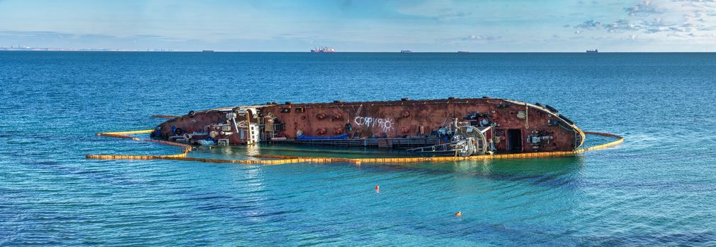 Odessa, Ukraine 12.04.2019. The wreck of a small tanker `DELFI` off the coast of Odessa on a sunny winter day