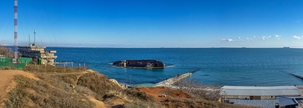 Odessa, Ukraine 12.04.2019. The wreck of a small tanker `DELFI` off the coast of Odessa on a sunny winter day