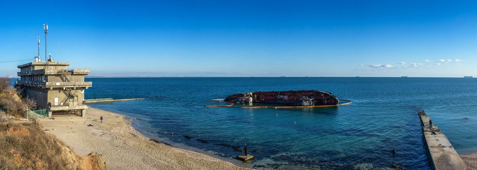 Odessa, Ukraine 12.04.2019. Panoramic sea view with grounded tanker off the coast of Odessa, on a sunny winter day