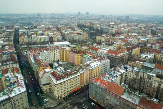 Prague winter cityscape during a grey day, with view on residential apartment buildings. Travel and tourism.