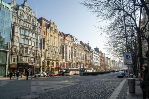 Prague, Czech Republic, February 2014: Hotel Ambassador and Wenceslas Square, New Town, Prague, Czechia