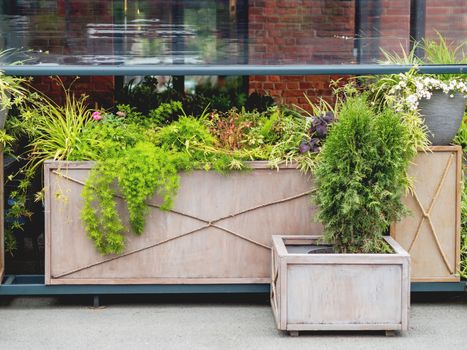 Loft outdoor cafe. Tables and chairs are separate from each other with potted plants and flowers. Social distancing because of coronavirus COVID-19.