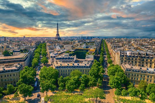 Sunset clouds over Paris, view from Arc de Triomphe