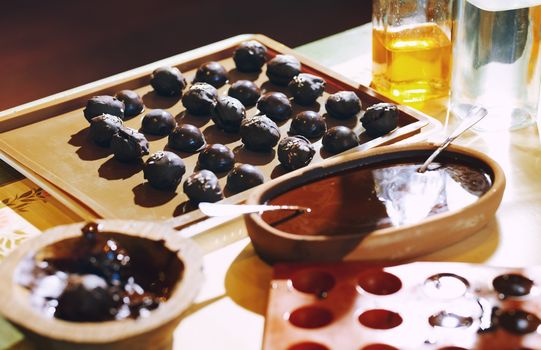 Homemade organic vegetarian chocolates on a table