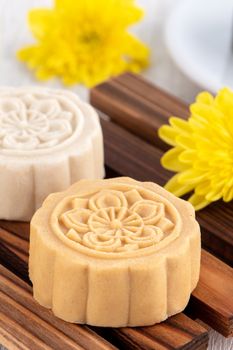 Colorful beautiful moon cake, mung bean cake, Champion Scholar Pastry cake for Mid-Autumn festival traditional gourmet dessert snack, close up.