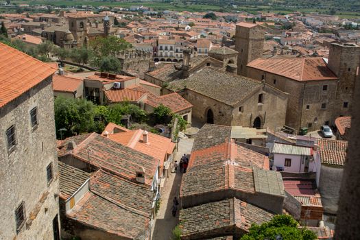 Trujillo, Spain, April 2017: Aerial view over the city of Trujillo in Spain