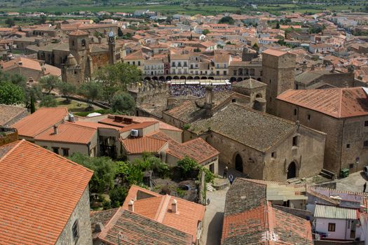 Trujillo, Spain, April 2017: Aerial view over the city of Trujillo in Spain