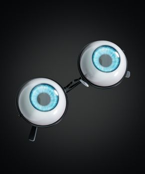 The blue eyeball of the human eye and black round glasses floating in a dark background. The concept of people is eye problems or nearsightedness in a surreal style. 3D illustration rendering.