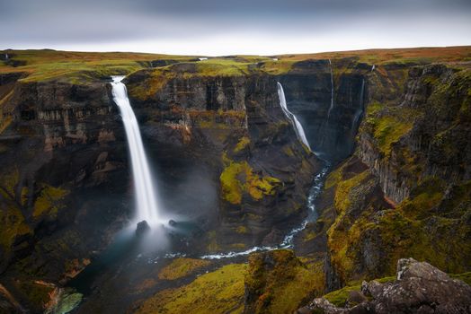 Haifoss and Granni waterfalls in southern Iceland. Long exposure.