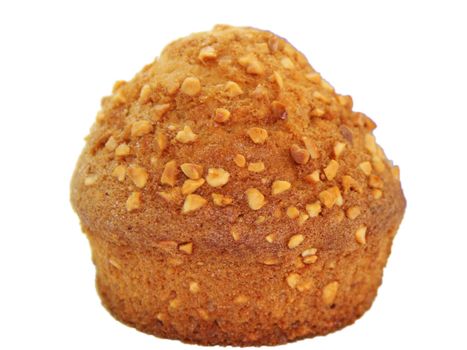 Closeup of a muffin with nuts isolated on white background.
