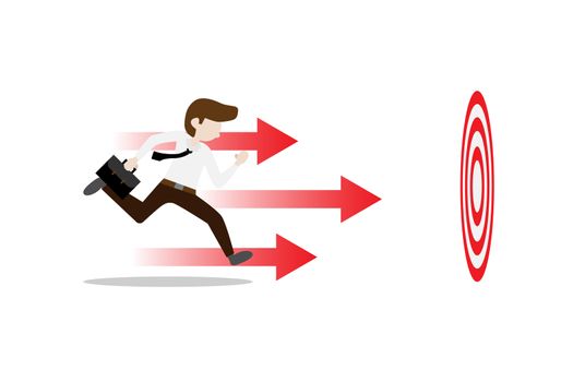 Business success concept. Businessman run to goal with dartboard and red arrow, career growth, move up motivation.