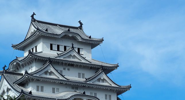 Himeji castle World heritage of Hyogo city in Japan and have a white color and blue sky background.