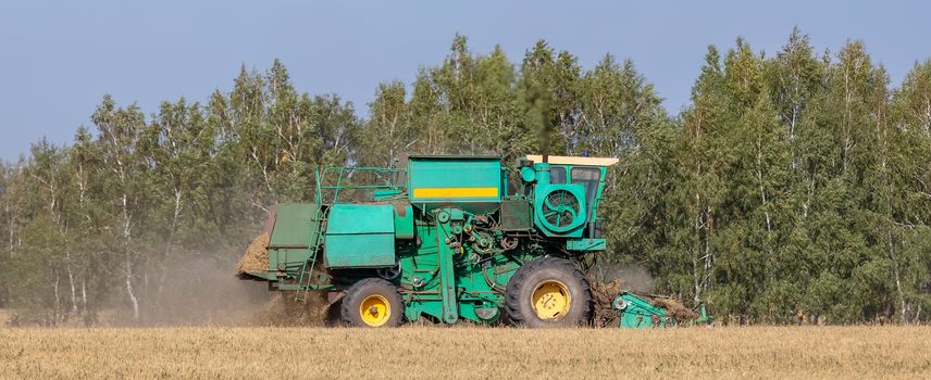 View of a harvester cutting wheat and collecting grain. Dust surrounding the harvester, forest in the background.