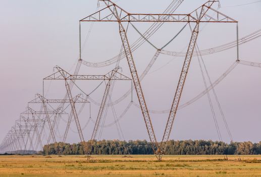 Perspective low angle view of high voltage power lines and poles in the countryside.