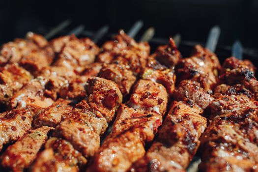 grilled barbecue meat on skewers