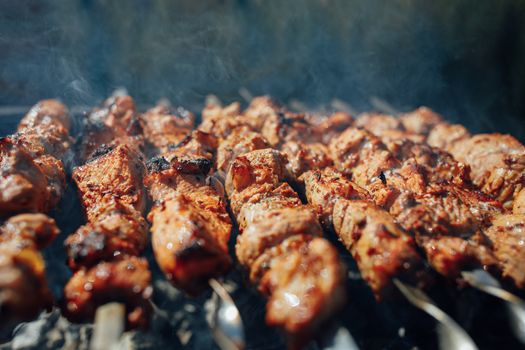 grilled barbecue meat on skewers with smoke