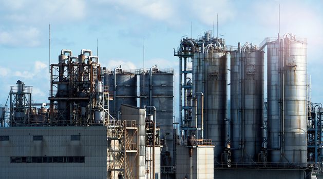 Petroleum plant or oil chemical factory and sunshine and sky in Osaka Kansai area of Japan.