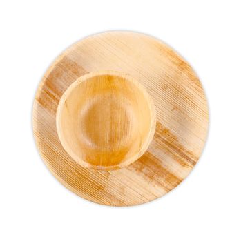 Plates and cup made from dried betel nut leaf palm, natural material isolated on white background, Save clipping path. The Green product eco friendly concept.