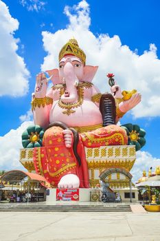 Chachoengsao, Thailand - July 27, 2020: Beautiful scene of Ganesha statue. This famous statue is in Wat Phrong Akat Temple, Bang Nam Priao district, Chachoengsao province, Thailand.