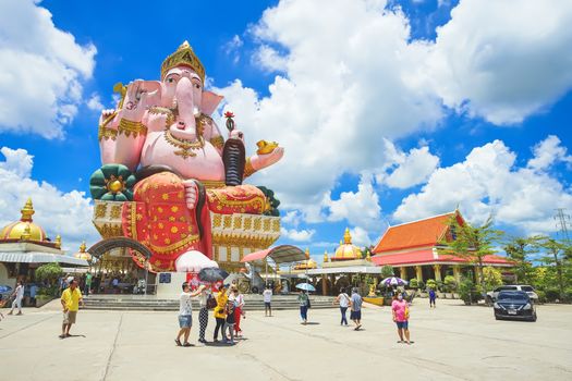 Chachoengsao, Thailand - July 27, 2020: Beautiful scene of Ganesha statue. This famous statue is in Wat Phrong Akat Temple, Bang Nam Priao district, Chachoengsao province, Thailand.