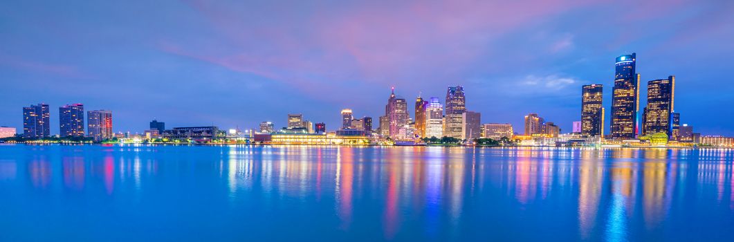 Detroit skyline in Michigan, USA at sunset shot from Windsor, Ontario Canada