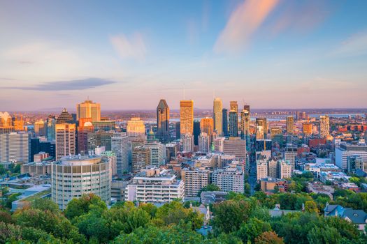 Panoramic skyline view of downtown Montreal from top view at sunset in Canada