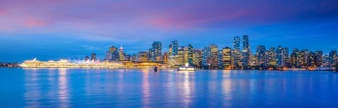 Beautiful view of downtown Vancouver skyline, British Columbia, Canada at sunset