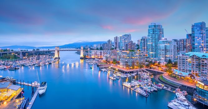 Beautiful view of downtown Vancouver skyline, British Columbia, Canada at sunset