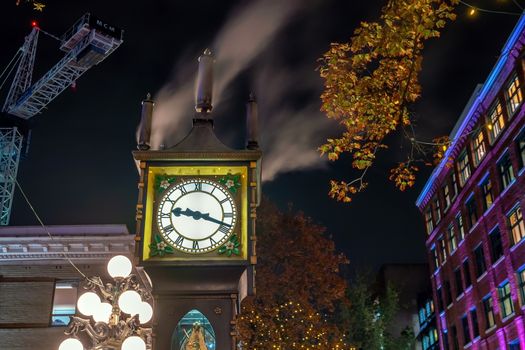 Old Steam Clock in Vancouver's historic Gastown district at night in Canada