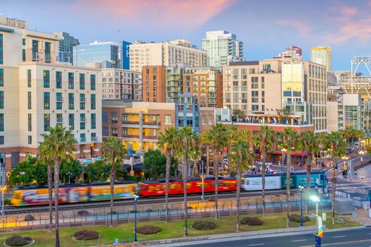 Gaslamp Quarter district at twilight in San Diego, California USA