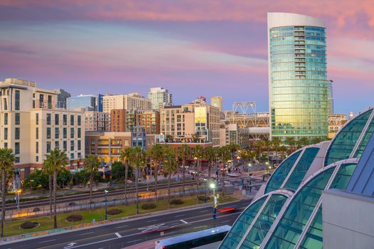 Gaslamp Quarter district at twilight in San Diego, California USA