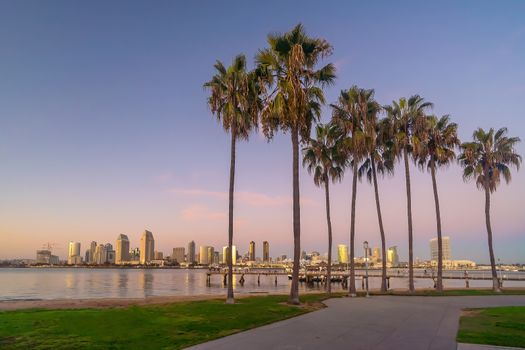 Downtown San Diego skyline in California, USA at sunset