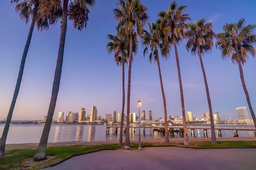 Downtown San Diego skyline in California, USA at sunset