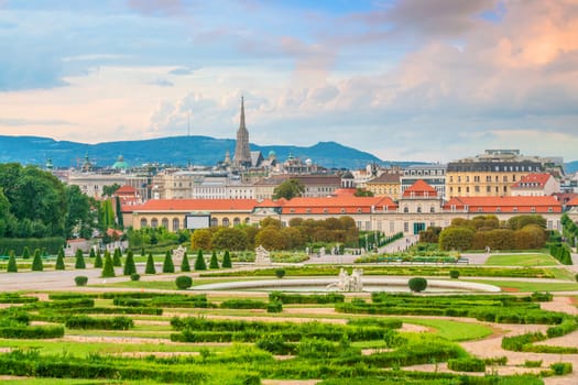 Vienna oldtown city skyline and the garden at sunset in Austria