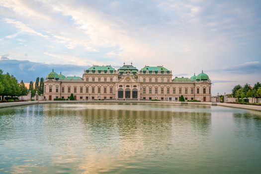 Vienna Belvedere Palace and the gardens at sunset in Austria