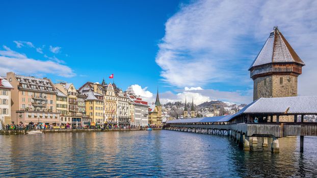 Historic city center of downtown Lucerne with  Chapel Bridge and lake Lucerne in Switzerland