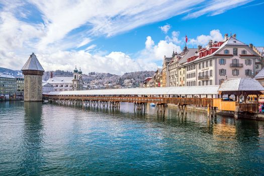 Historic city center of downtown Lucerne with  Chapel Bridge and lake Lucerne in Switzerland