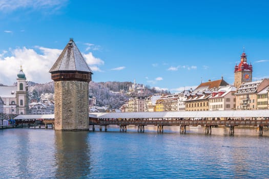 Historic city center of downtown Lucerne with  Chapel Bridge and lake Lucerne in Switzerland