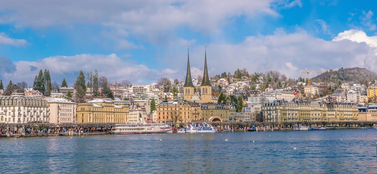 Historic city center of downtown Lucerne with  Chapel Bridge and lake Lucerne in Switzerland