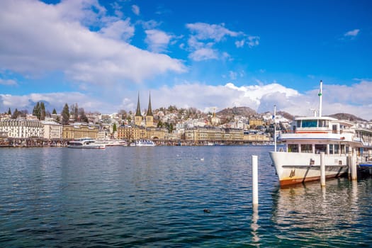 Historic city center of downtown Lucerne with  Chapel Bridge and lake Lucerne in Switzerland