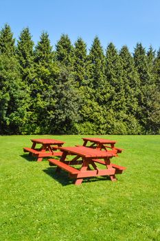 Rest area with red picnic tables on green lawn in a park